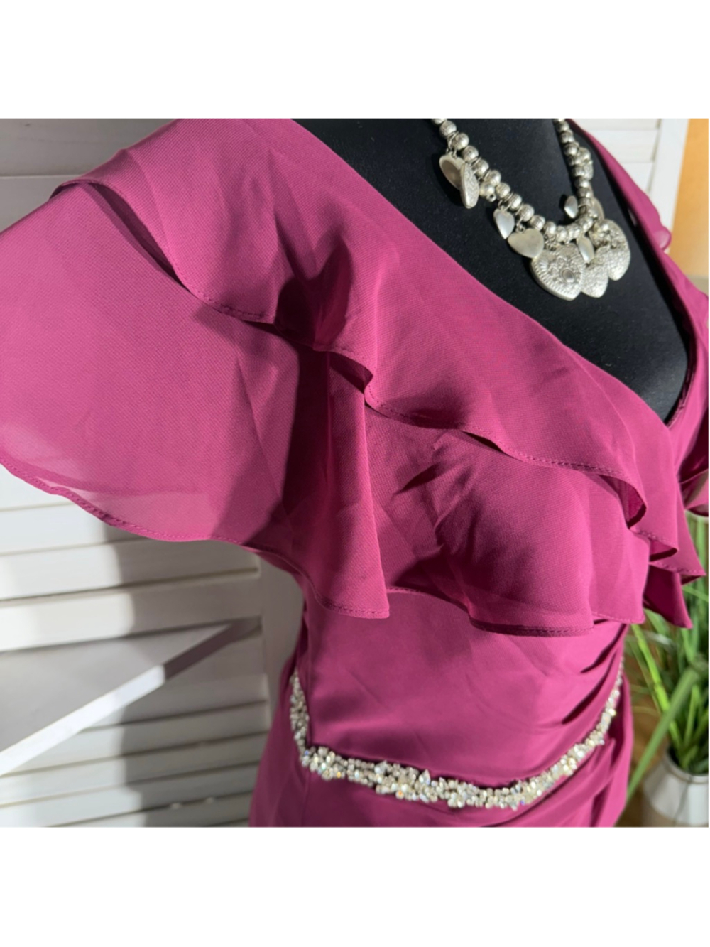 Vintage chiffon top ruffled V-neck beaded cocktail wedding guest Coquette - Picture 5 of 12